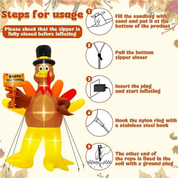 12FT Inflatable Turkey, LED Lighted Turkey Holding Happy Thanksgiving Sign - Picture 5 of 8